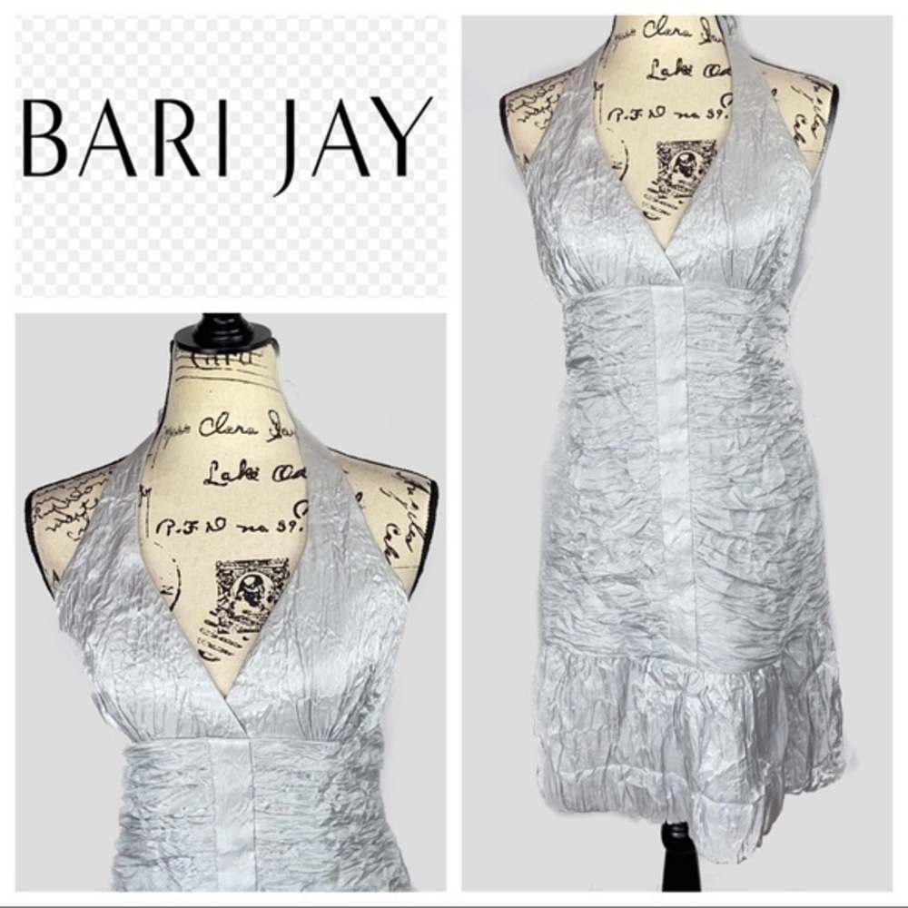 NWT Bari Jay Halter Silver Dress Taffeta Metallic